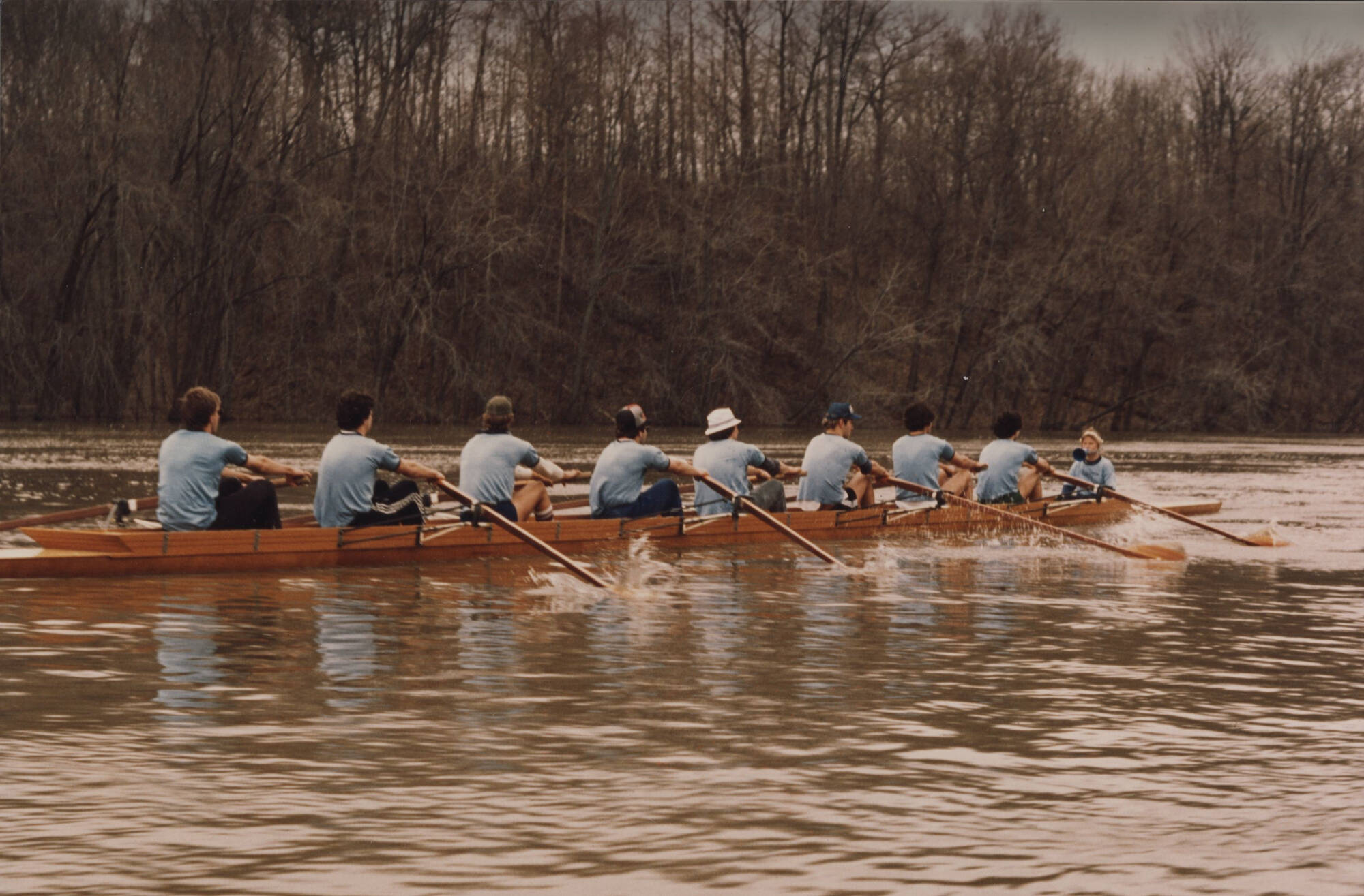 Rowing team practices on the Grand River in the 1970s